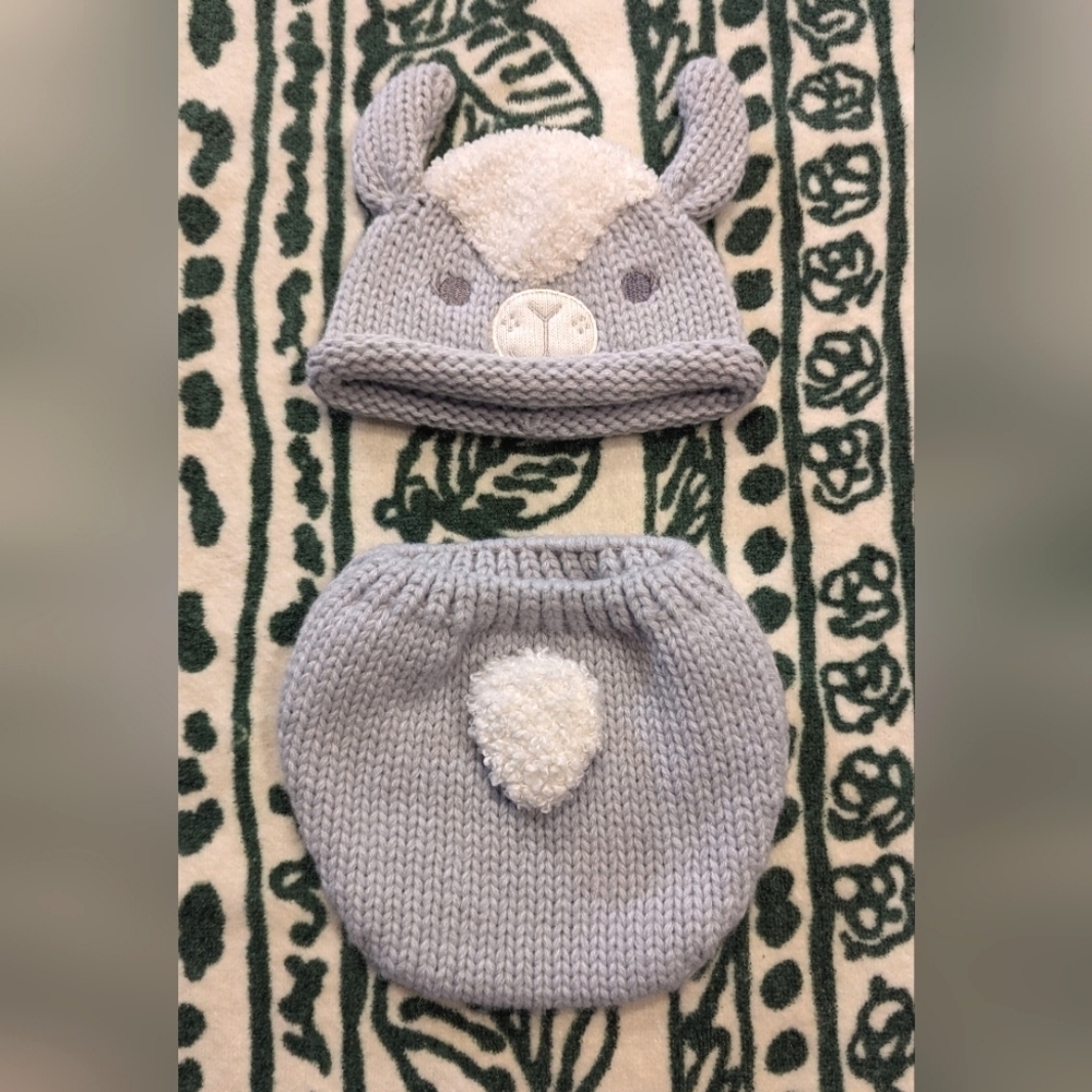 Baby Bunny Knitted Diaper Cover + Rabbit Ear Hat Short Age 0+